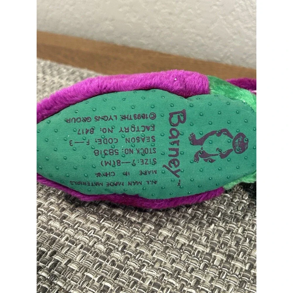 Vintage Barney The Dinosaur Slippers Plush 90s Kids Size 7-8 Purple Green 1993